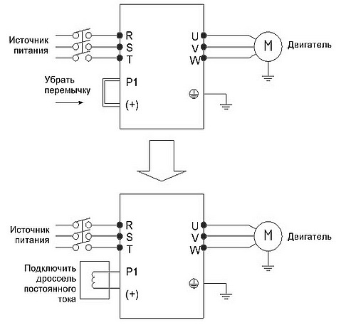 Схема подключения дросселя постоянного тока  ZC-DCL к преобразователю частоты